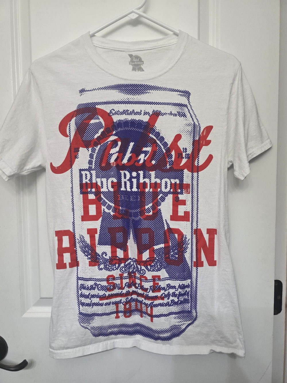 Pabst Blue Ribbon Graphic Tee - White with Red & Blue Print